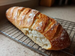 A close-up of a golden-brown, crusty homemade french bread loaf resting on a wire cooling rack.