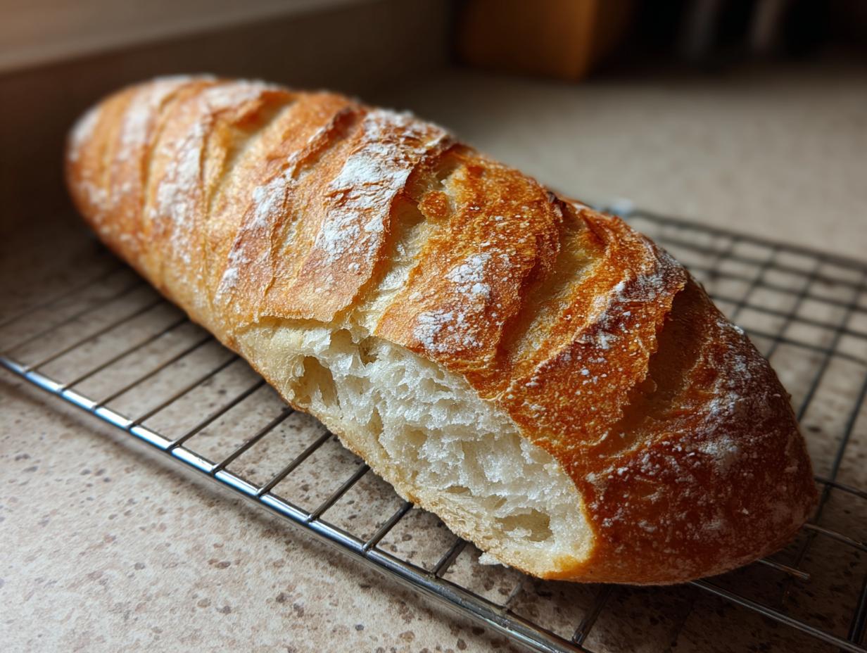 A close-up of a golden-brown, crusty homemade french bread loaf resting on a wire cooling rack.