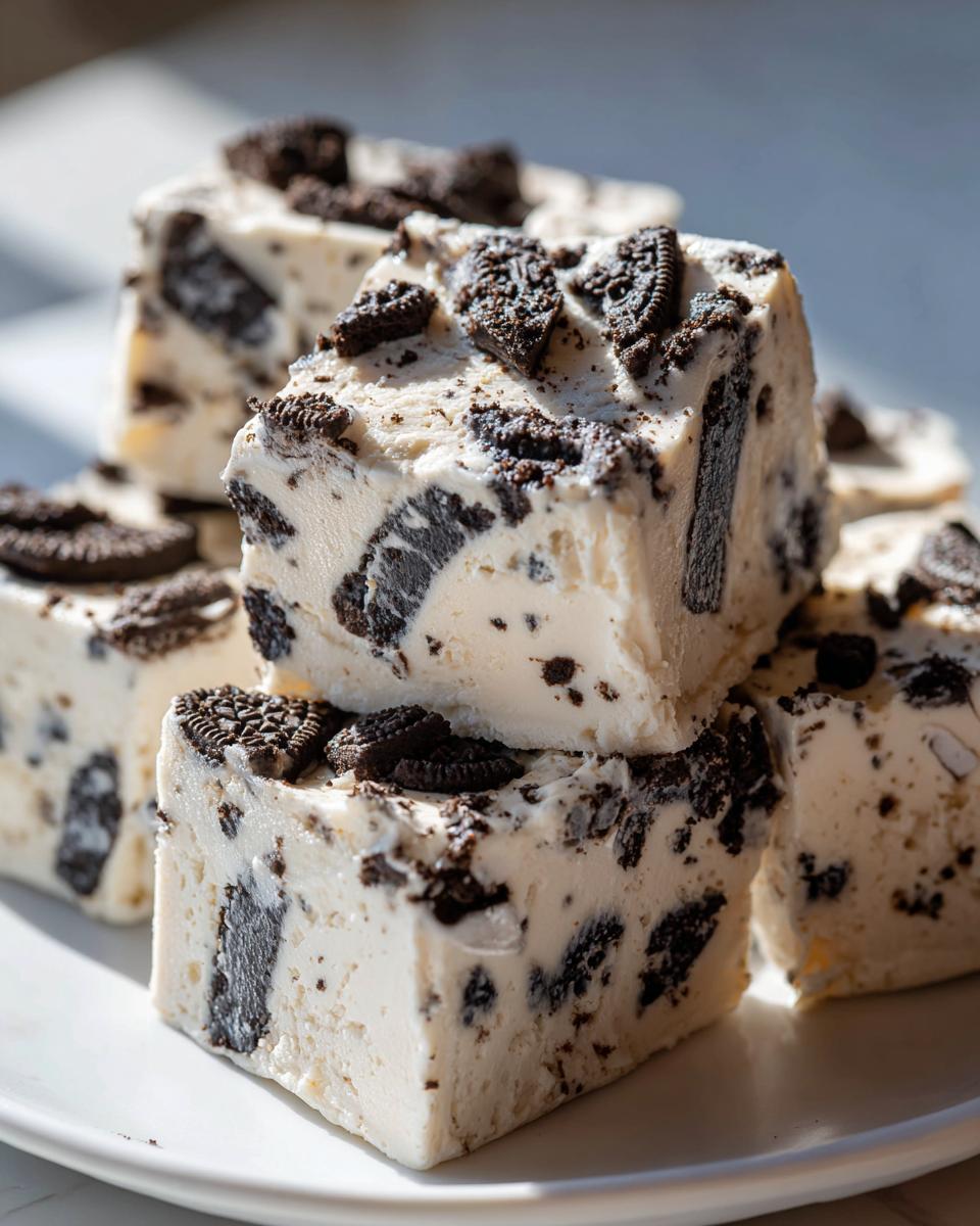 Stack of creamy white Oreo fudge squares loaded with crushed chocolate sandwich cookies.