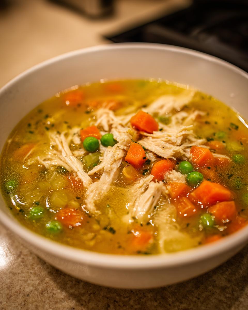 Close-up of a white bowl filled with steaming turkey soup, featuring shredded turkey, carrots, and peas in a rich broth.