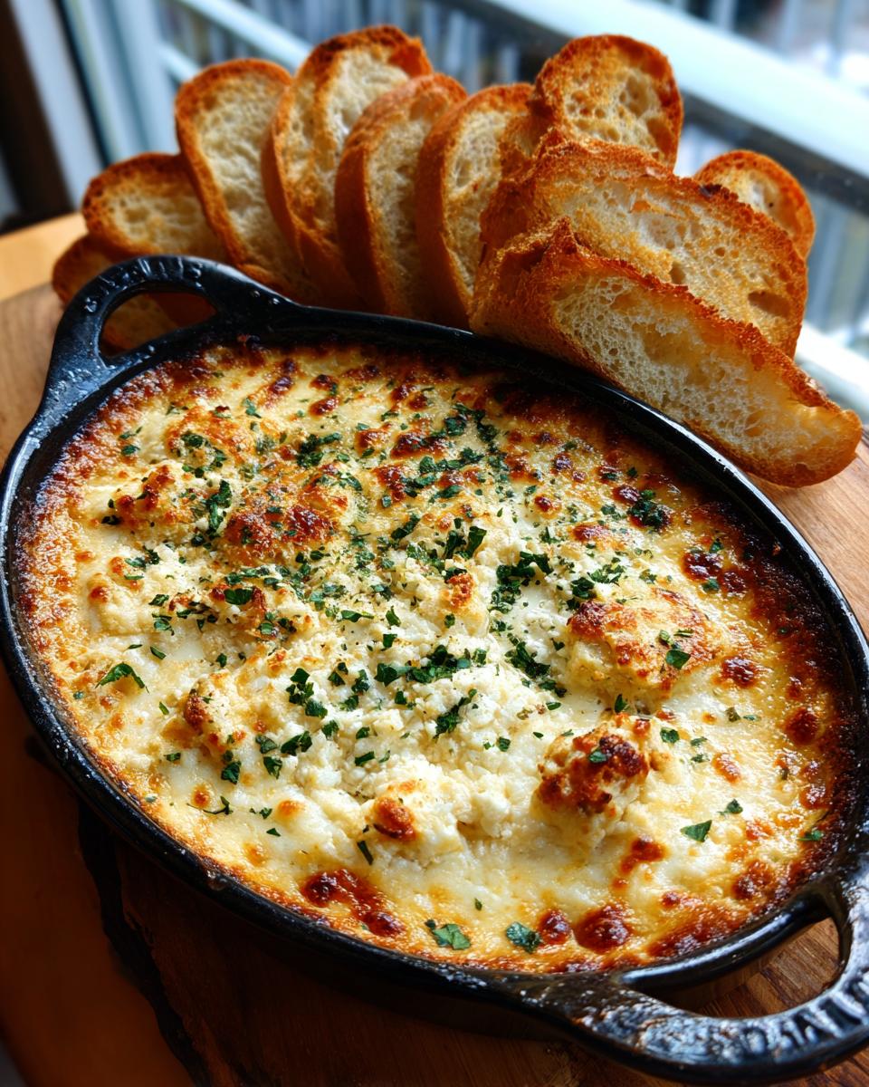 A hot, baked cheese bread dip served in a black cast iron skillet alongside toasted bread slices.