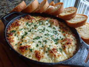 A bubbling, cheesy bread dip served hot in a black cast iron skillet with slices of toasted baguette.