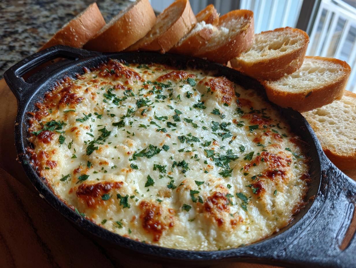 A bubbling, cheesy bread dip served hot in a black cast iron skillet with slices of toasted baguette.