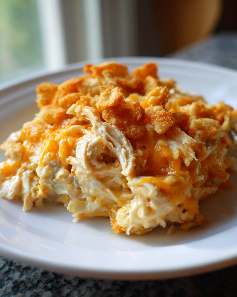 A close-up serving of creamy hot chicken salad casserole topped with melted cheddar cheese and crunchy crackers.