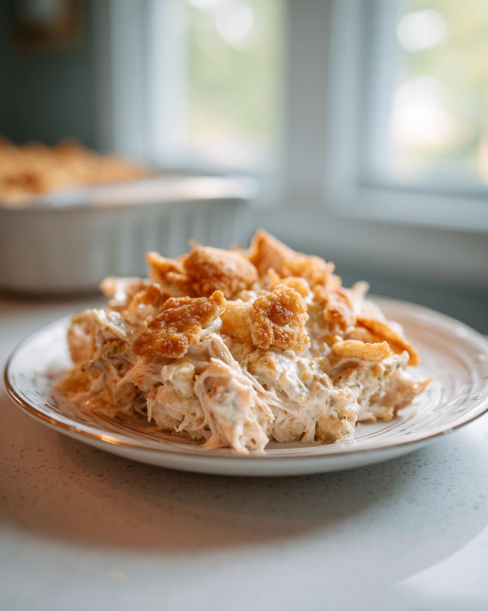 A serving of creamy hot chicken salad casserole topped with golden, crunchy pieces on a decorative white plate.