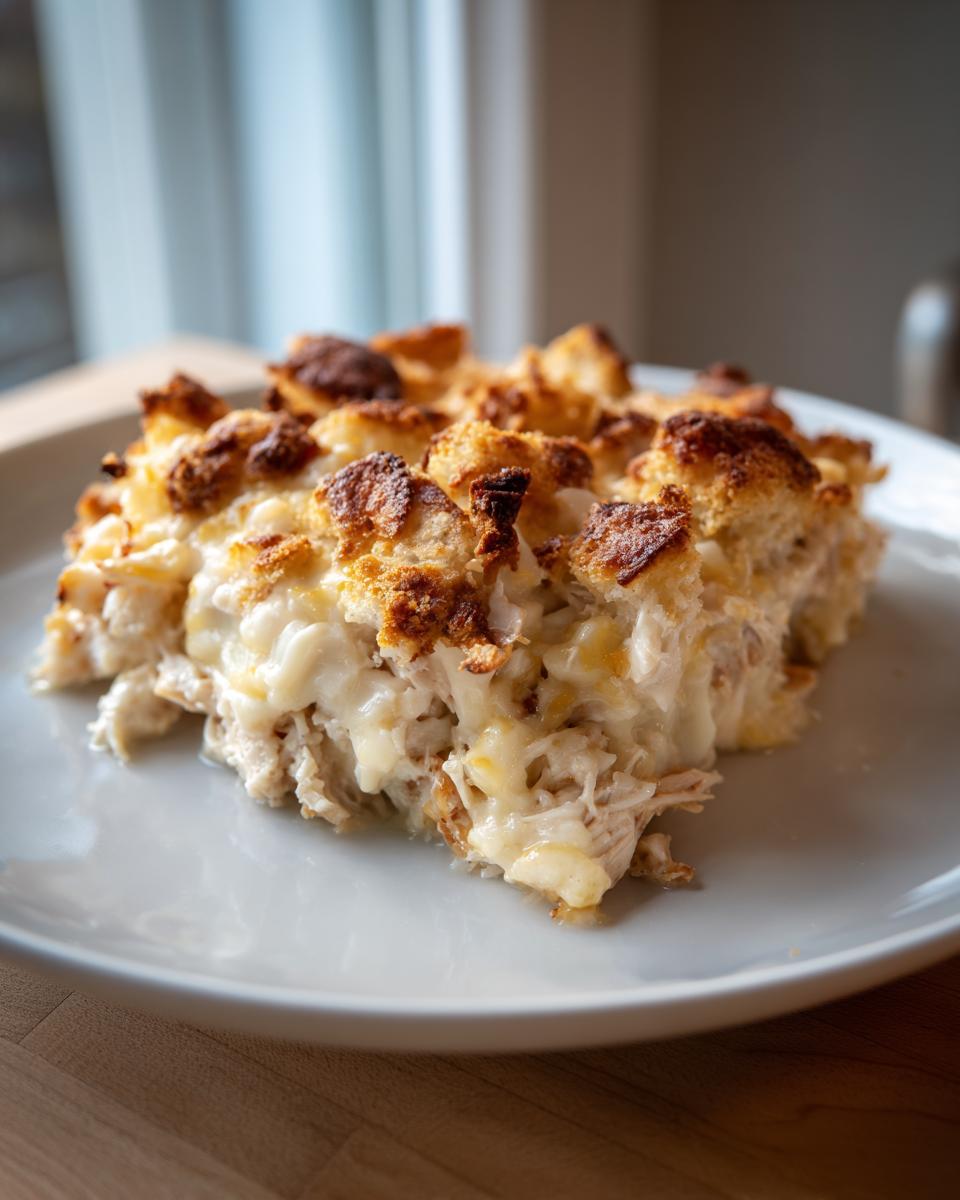 A square serving of creamy hot chicken salad casserole topped with golden brown, crunchy bread pieces.