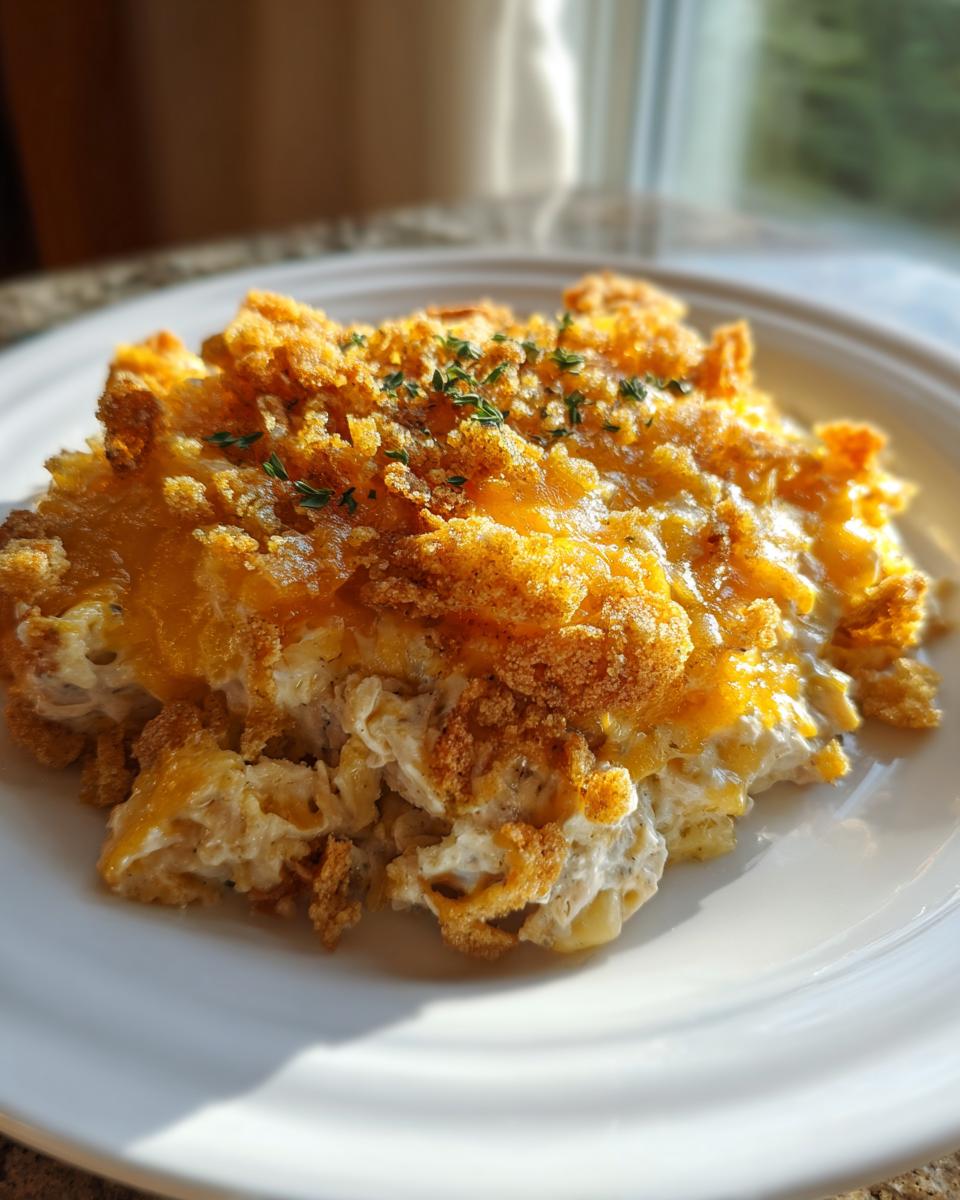 A scoop of creamy hot chicken salad casserole topped with melted cheese and crunchy breadcrumbs.
