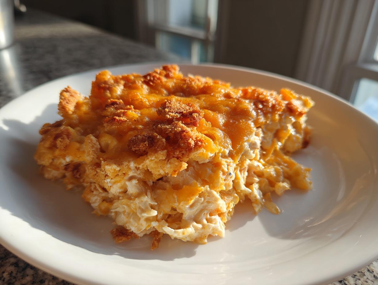 A close-up serving of hot chicken salad casserole topped with melted cheddar cheese and crunchy breadcrumbs.