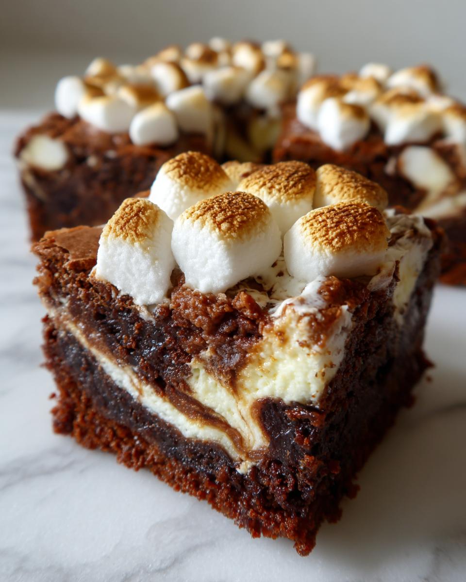 Close-up of a rich, fudgy hot chocolate brownies slice topped with toasted marshmallows and cream cheese swirl.