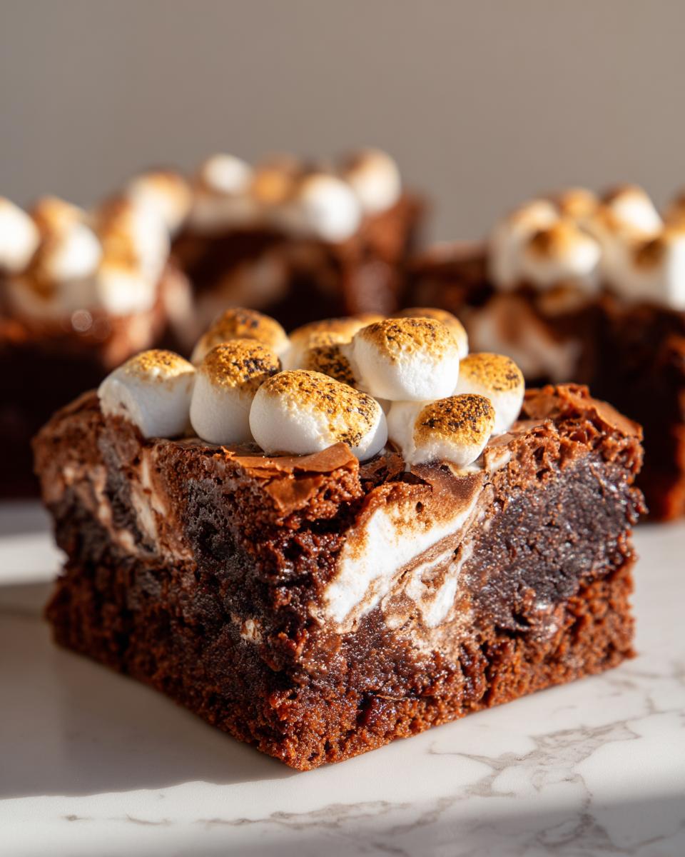 A rich, fudgy slice of hot chocolate brownies topped with toasted mini marshmallows.