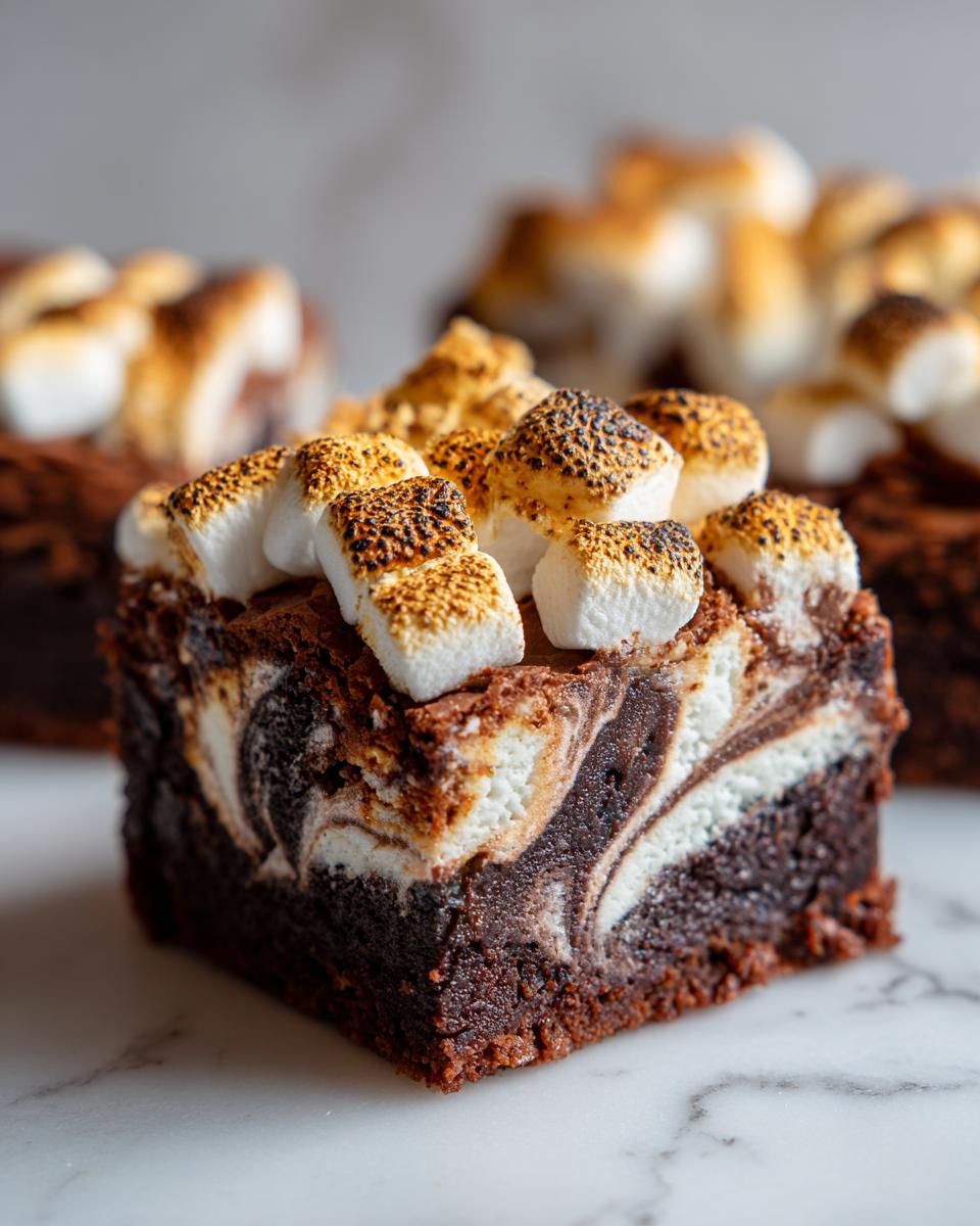A rich, fudgy hot chocolate brownie square featuring a beautiful cream cheese swirl and topped with toasted marshmallows.