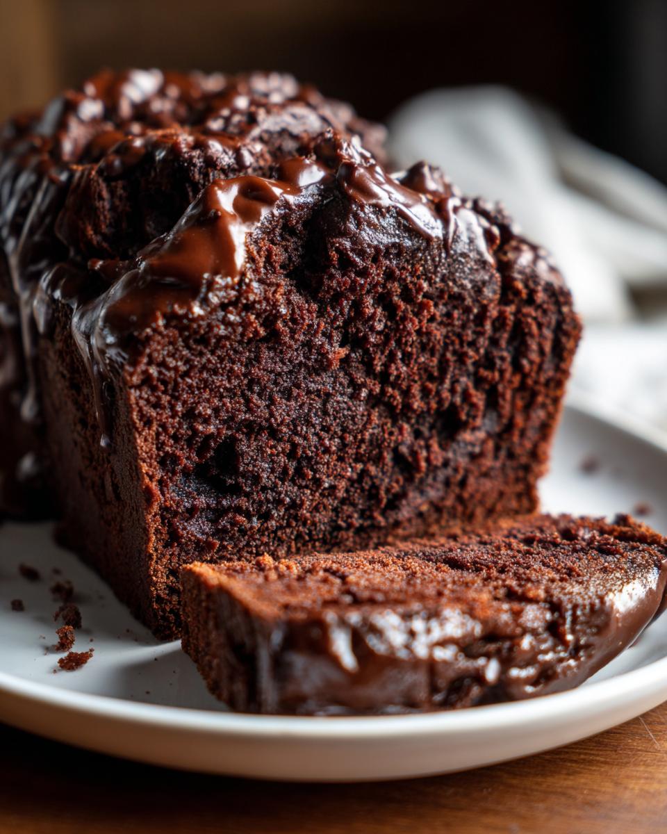 A close-up of a sliced hot fudge brownie bread loaf covered in a rich, dark chocolate glaze.
