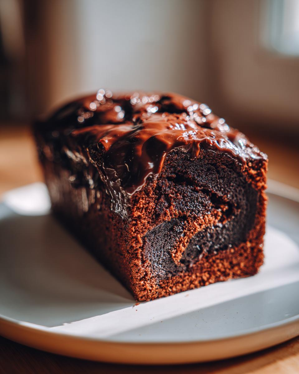 A close-up of a rich, dark hot fudge brownie bread loaf topped with glossy chocolate glaze, sitting on a white plate.