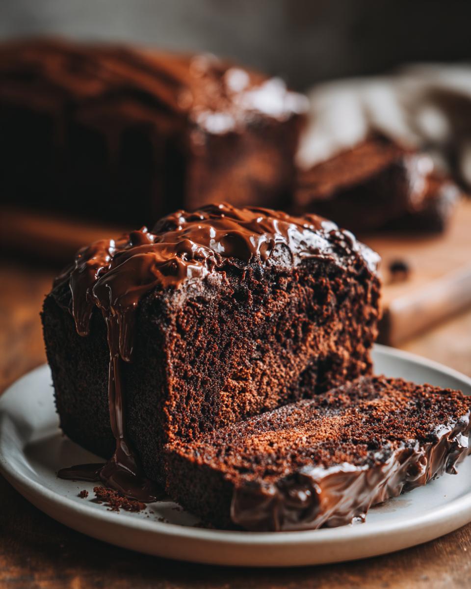 A rich slice of hot fudge brownie bread topped with thick, glossy chocolate fudge sauce dripping down the side.