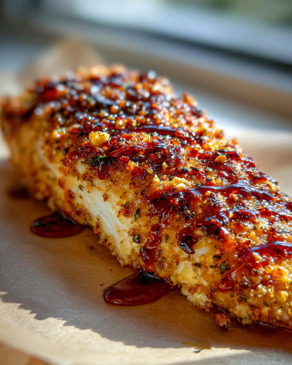 Close-up view of a thick slice of hot honey feta chicken with a crispy, seasoned crust drizzled with dark hot honey.