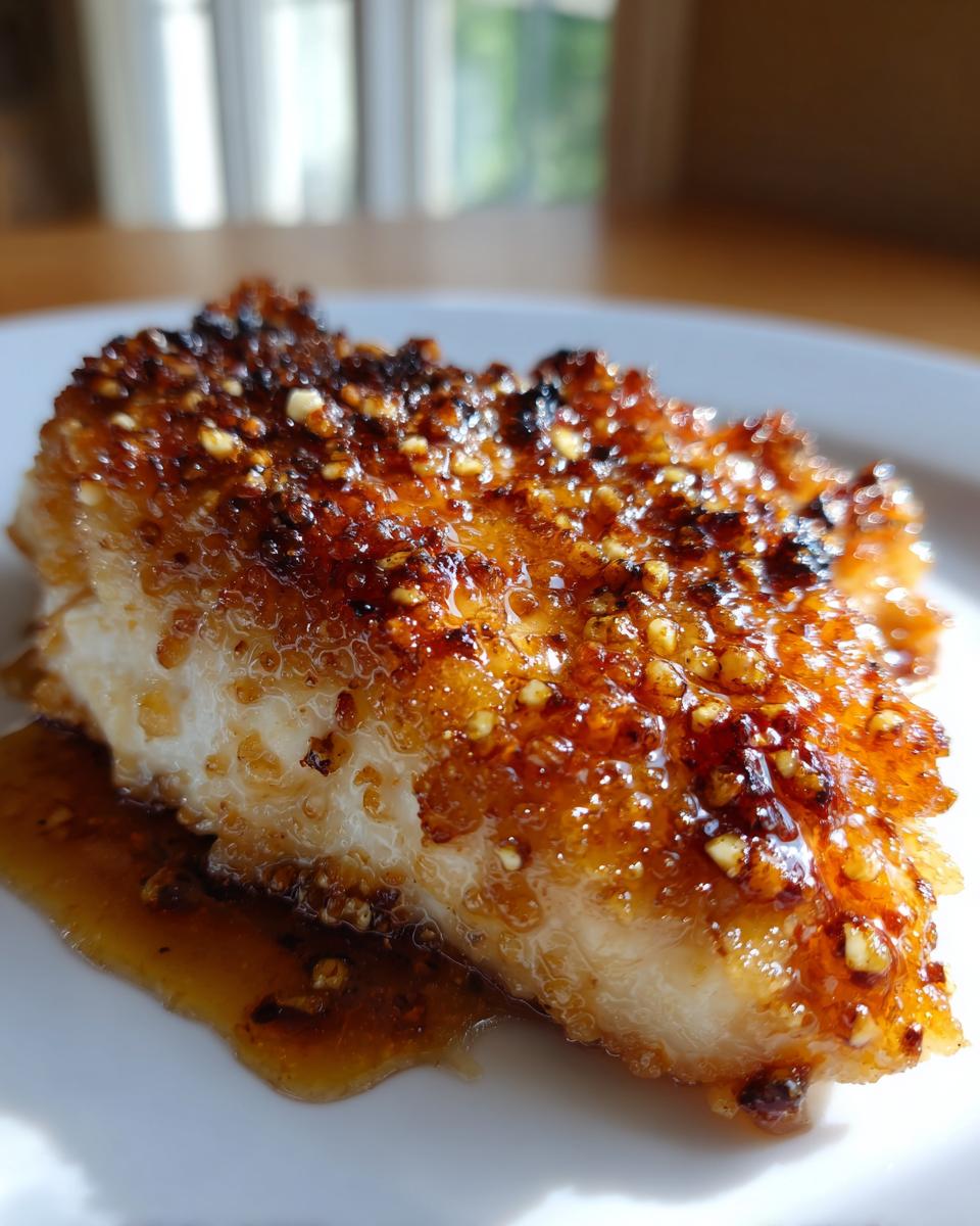 A close-up of a piece of chicken coated in a thick, caramelized hot honey feta glaze.