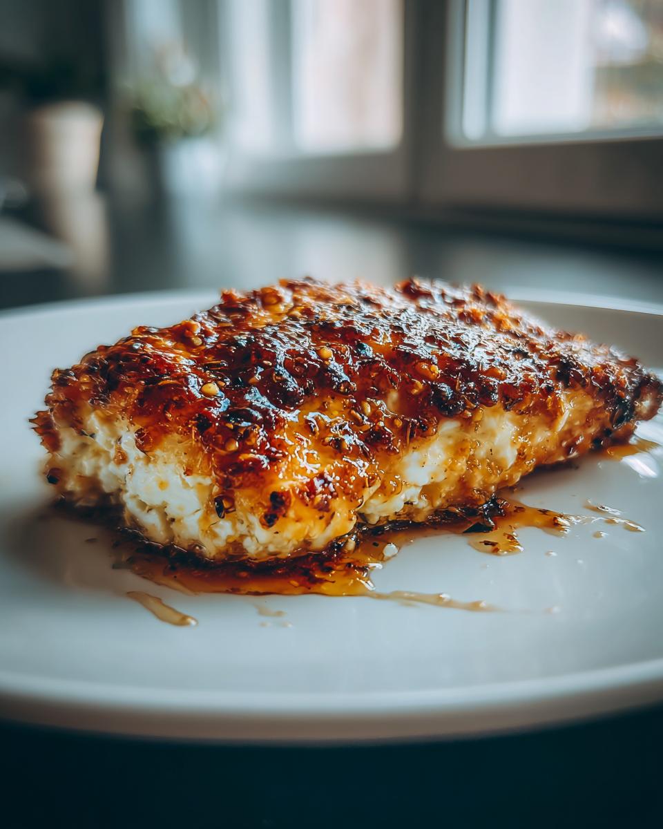 A close-up of a piece of hot honey feta chicken, glistening with sticky glaze and sitting on a white plate.