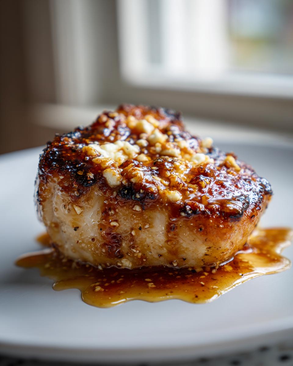 A thick, juicy piece of hot honey feta chicken, glazed and topped with crumbles, resting in sauce.