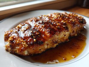 A close-up of a juicy chicken breast topped with a thick, glossy hot honey glaze and chopped nuts, resting in sauce.