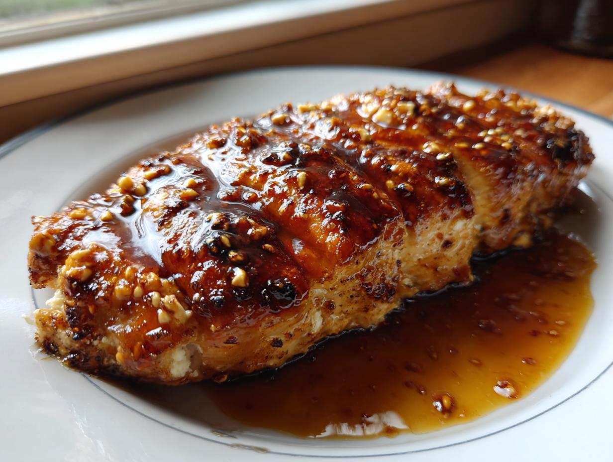 A close-up of a juicy chicken breast topped with a thick, glossy hot honey glaze and chopped nuts, resting in sauce.
