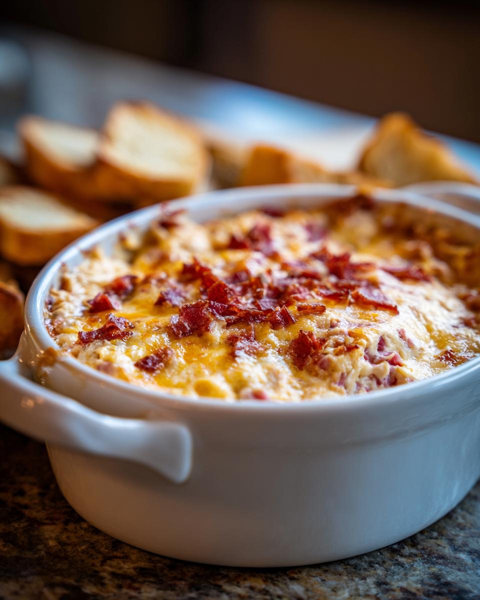 Close-up of a hot, baked reuben dip topped with melted cheese and bacon bits, served with toasted bread slices.