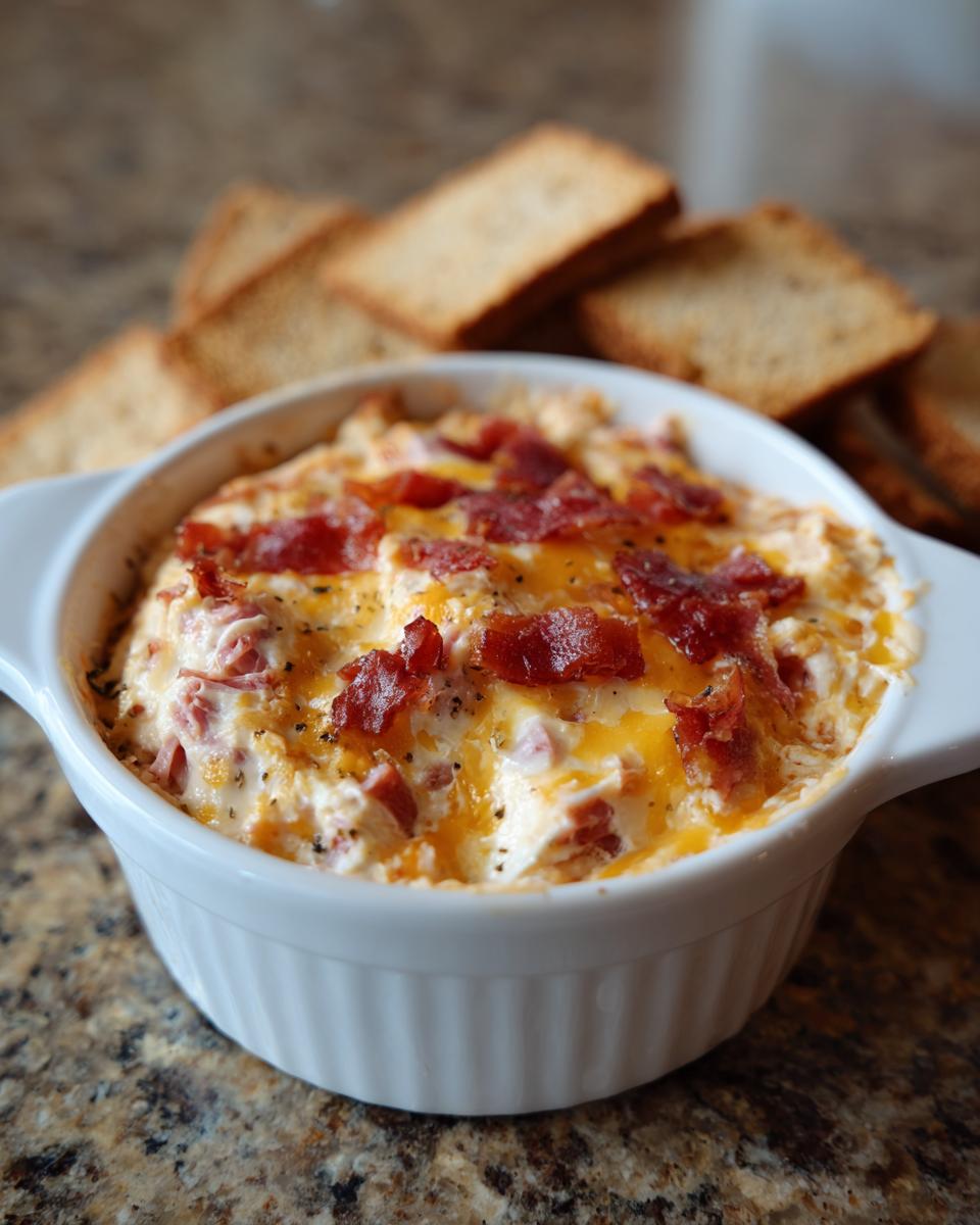 Close-up of hot, cheesy Reuben dip topped with bacon bits, served with toasted bread slices in the background.