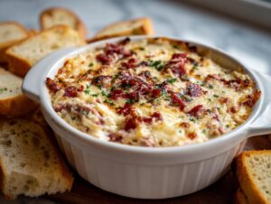 Close-up of a hot, cheesy Reuben dip baked in a white dish, surrounded by toasted bread slices.