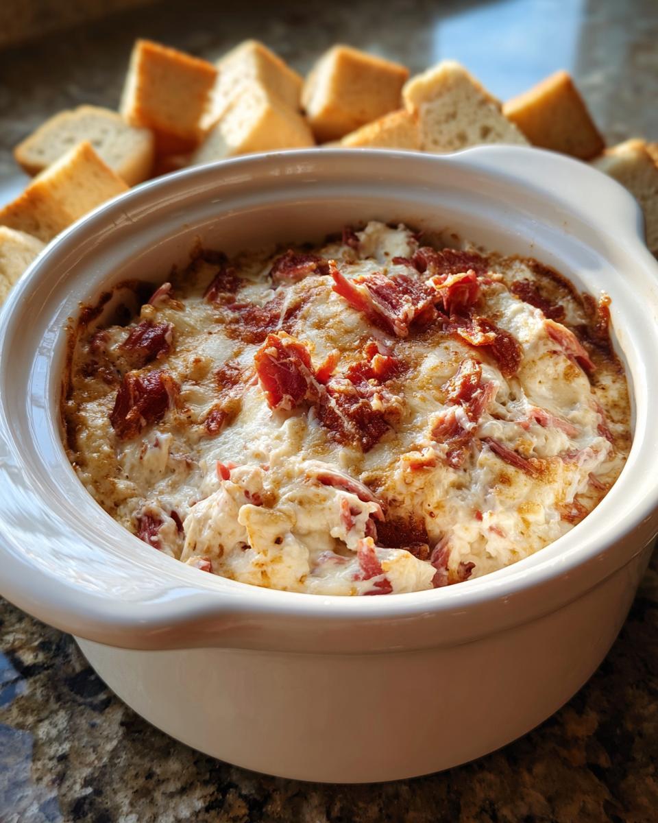 Close-up of a hot, cheesy Reuben dip topped with corned beef in a white baking dish, served with toasted bread cubes.