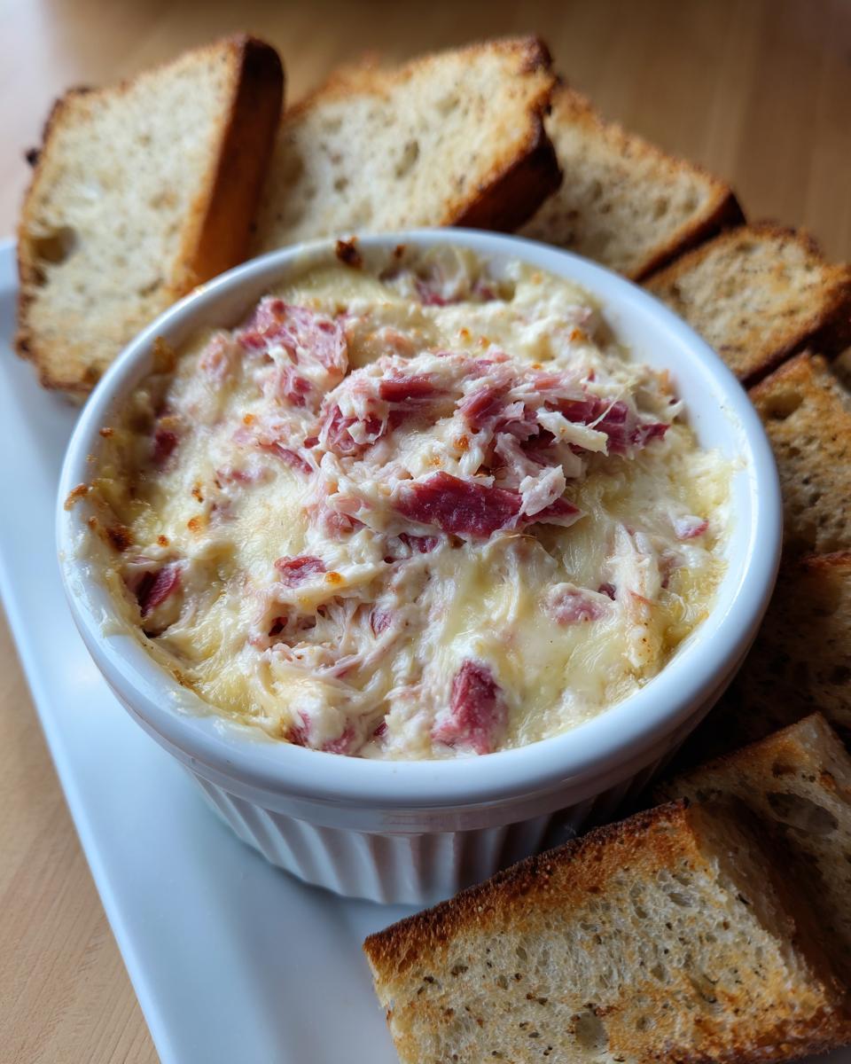 A small white ramekin filled with hot, cheesy reuben dip topped with shredded corned beef, surrounded by toasted rye bread.