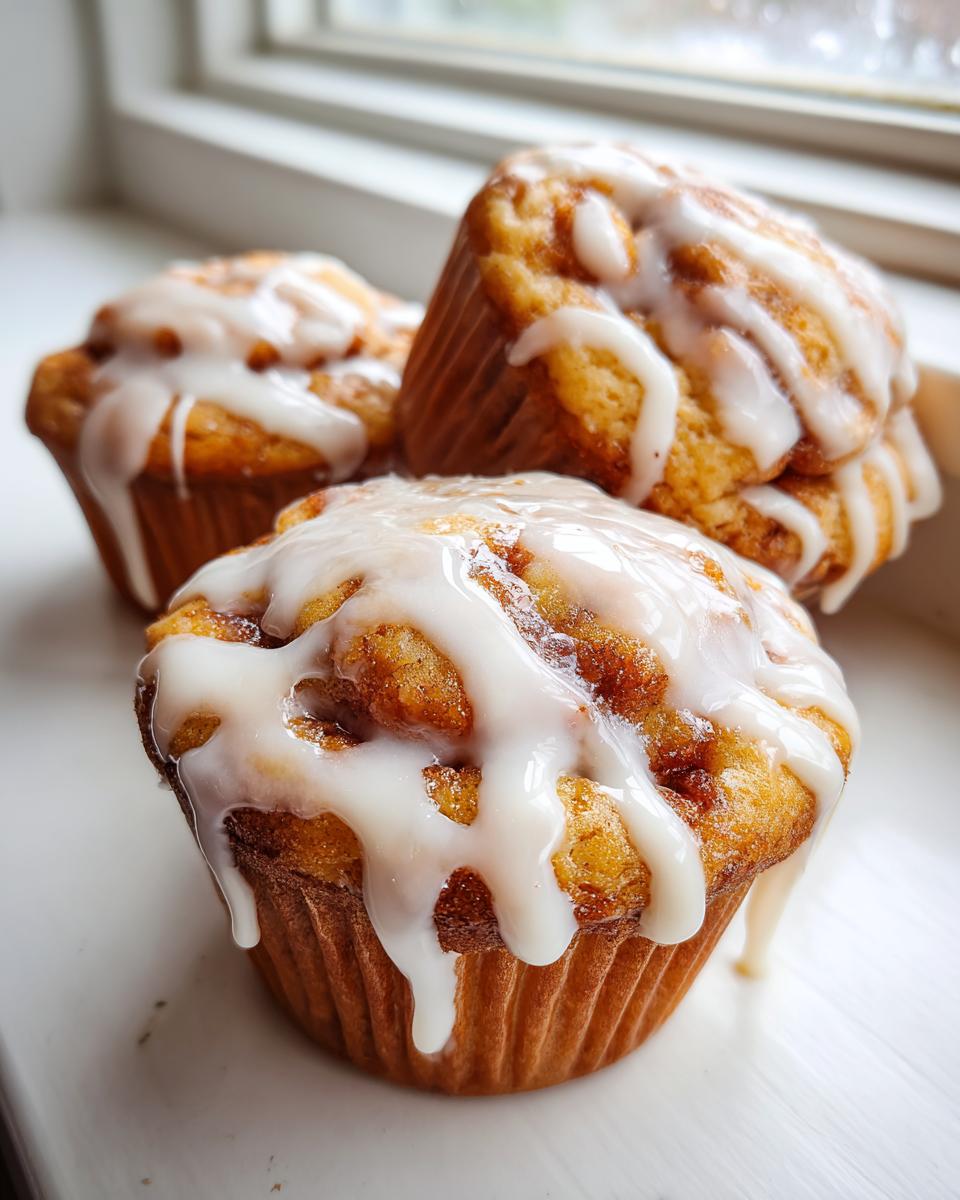 Close-up of three freshly baked cinnamon roll muffins generously topped with white vanilla glaze.