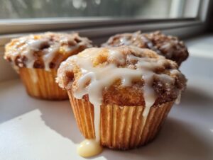 Three freshly baked cinnamon roll muffins topped with a thick vanilla glaze dripping down the sides.