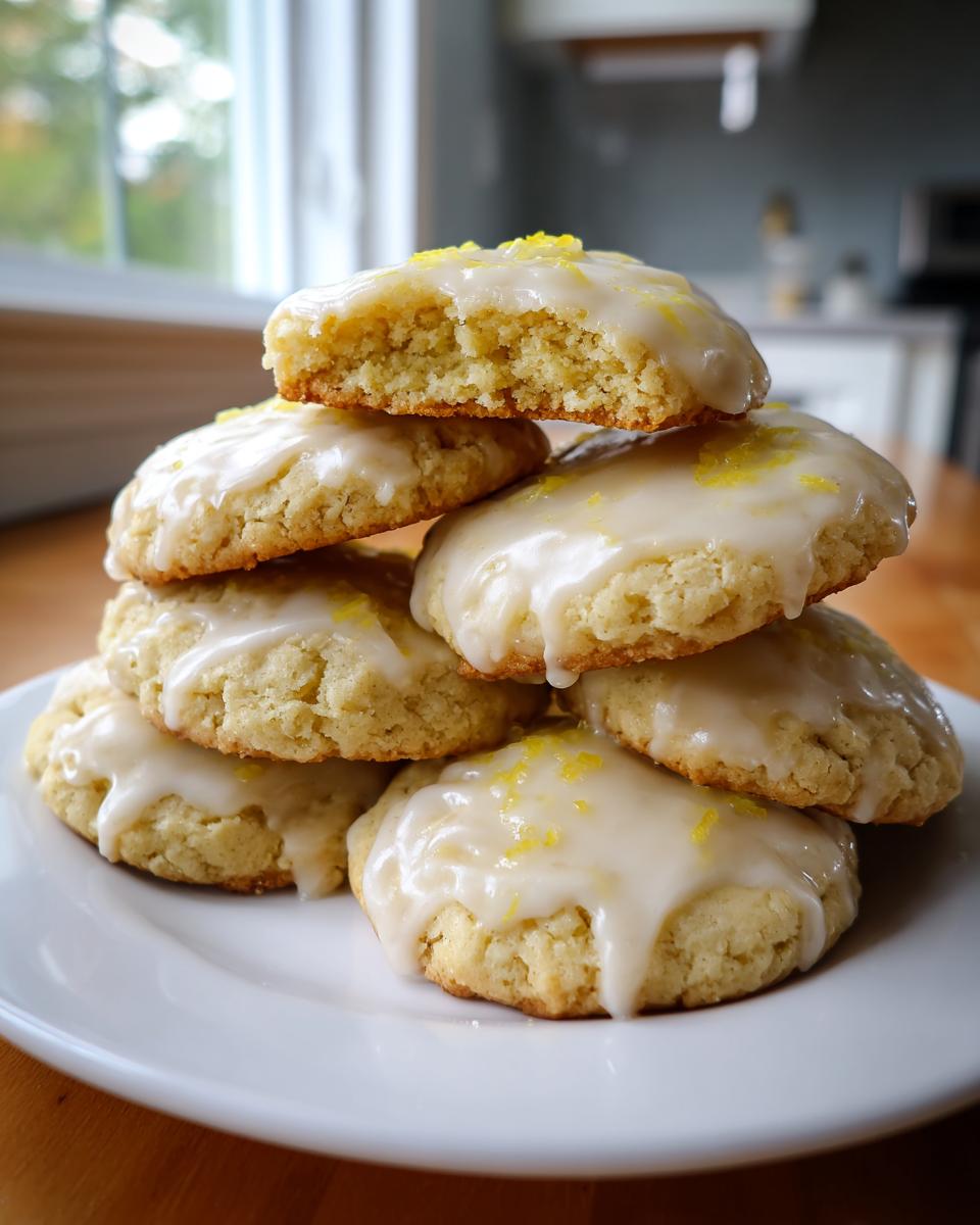 A stack of soft, glazed lemon cookies topped with bright yellow lemon zest, one cookie broken open to show the texture.
