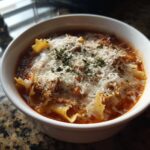 A close-up of a white bowl filled with rich Instant Pot Lasagna Soup, topped generously with shredded cheese and herbs.