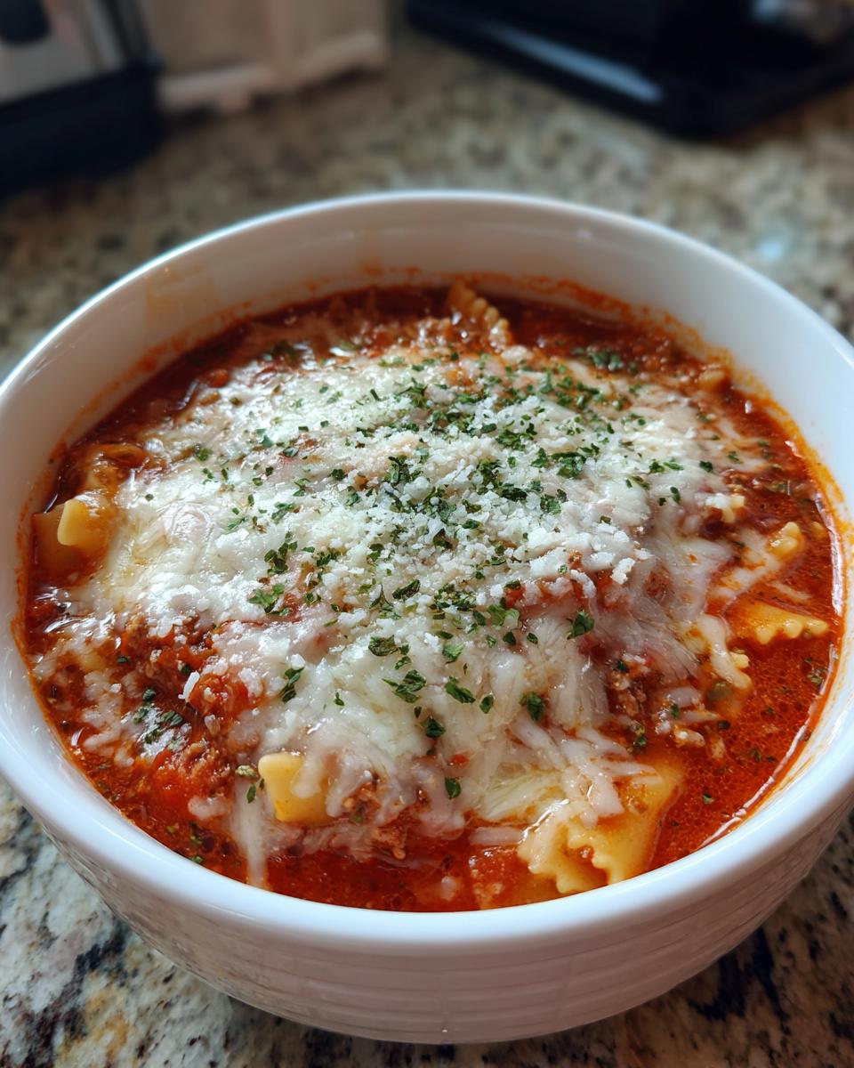 A close-up of a white bowl filled with rich Instant Pot Lasagna Soup, topped with melted mozzarella and grated Parmesan cheese.