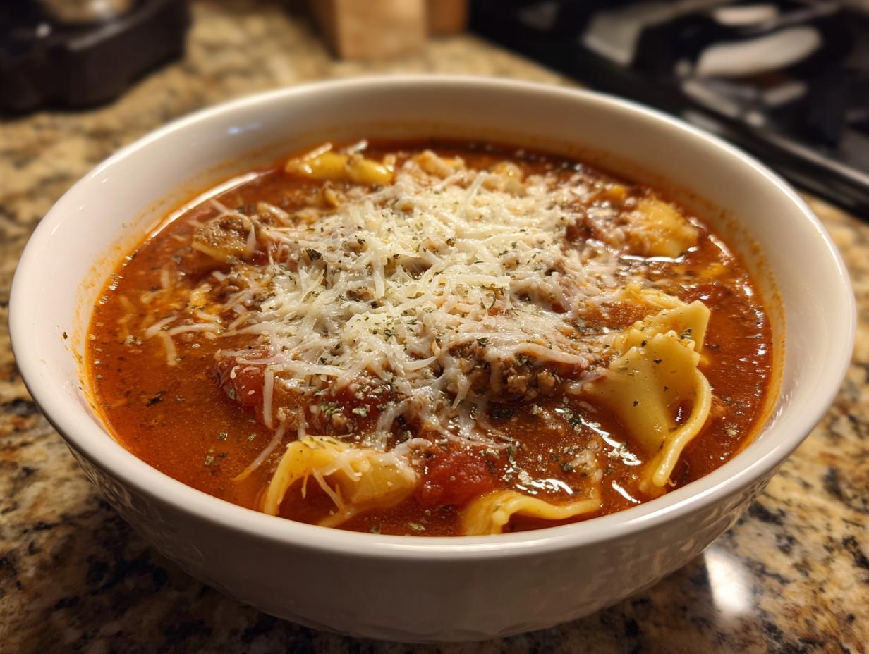A close-up of a white bowl filled with rich Instant Pot Lasagna Soup, topped generously with shredded Parmesan cheese and herbs.