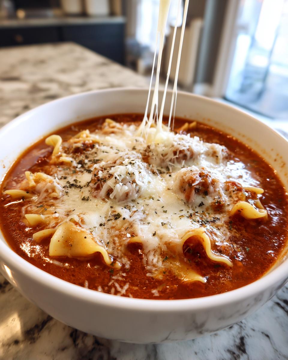 A close-up of Instant Pot Lasagna Soup in a white bowl, topped with melted cheese and a dramatic cheese pull.