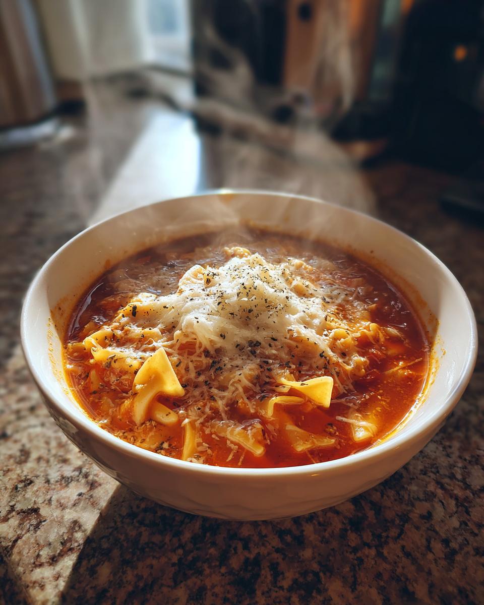 A steaming white bowl filled with rich tomato-based Instant Pot Lasagna Soup, topped with melted cheese and herbs.