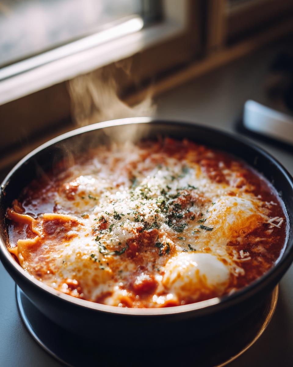 Close-up of steaming hot Instant Pot Lasagna Soup topped with melted cheese and herbs.