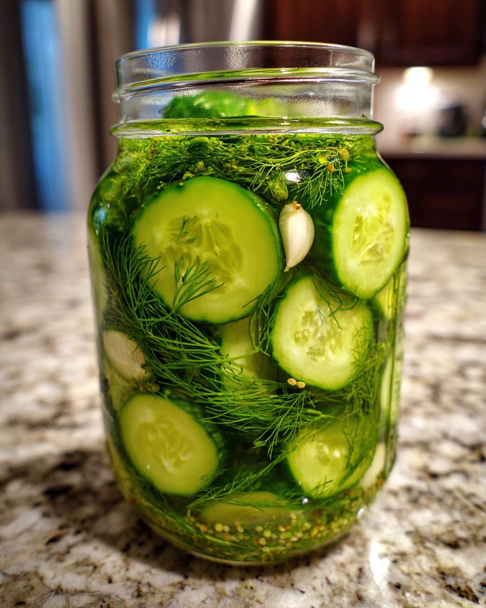 Close-up of sliced cucumbers, fresh dill, garlic, and spices in a jar making refrigerator pickles.