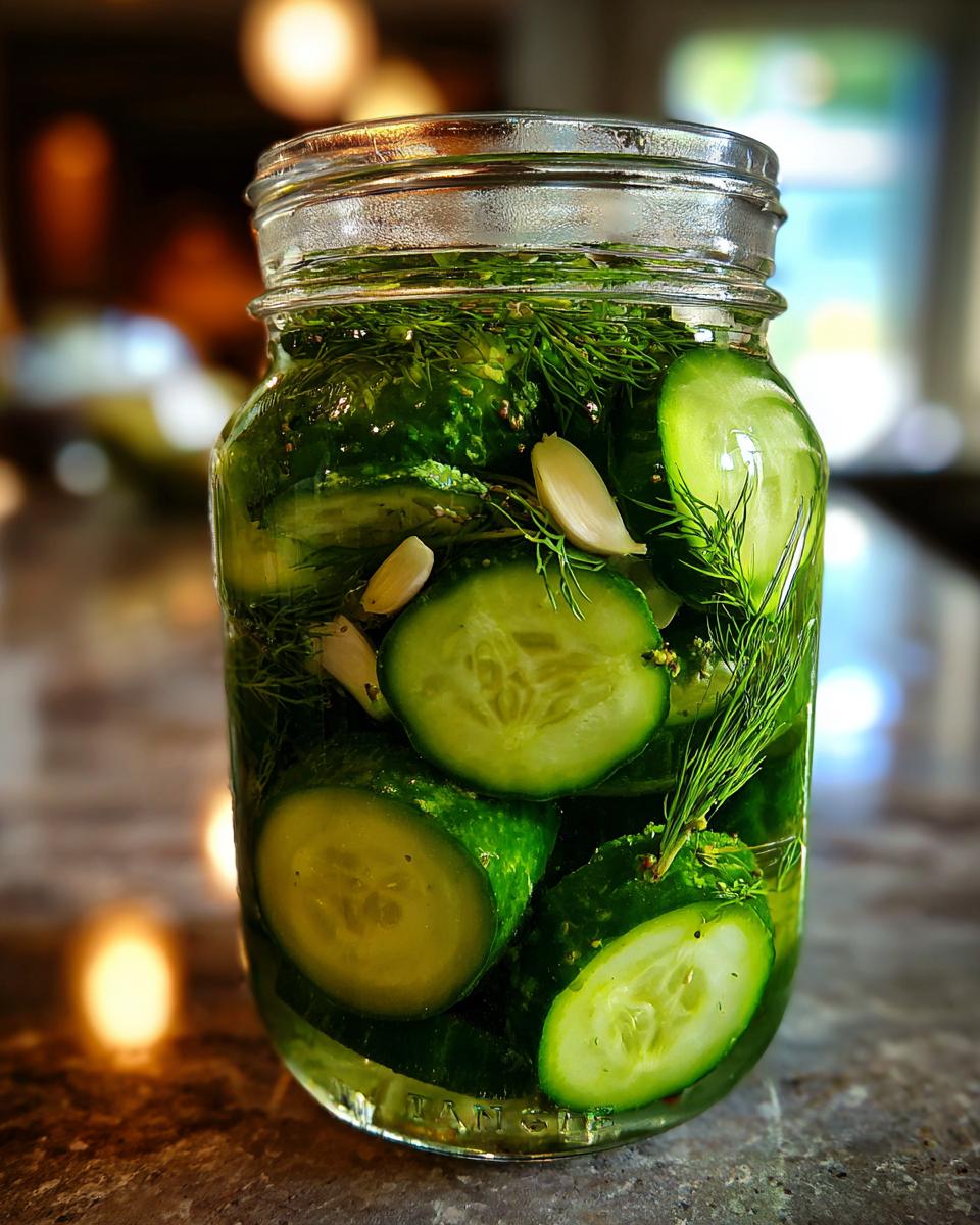 Close-up of a glass jar filled with crisp cucumber slices, fresh dill, and garlic cloves for making refrigerator pickles.