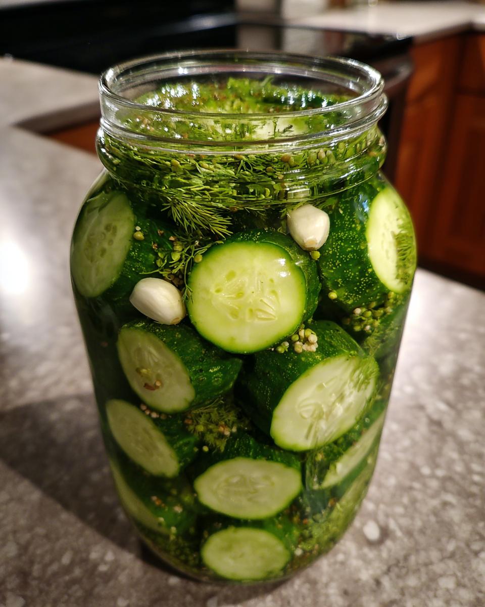 A glass jar packed tightly with sliced cucumbers, fresh dill, and garlic cloves for making refrigerator pickles.