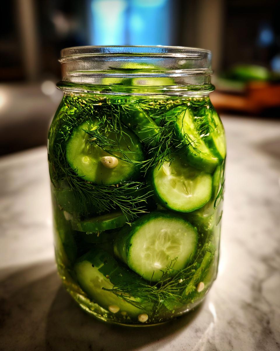 Close-up of sliced cucumbers and fresh dill packed tightly in a glass jar for refrigerator pickles.