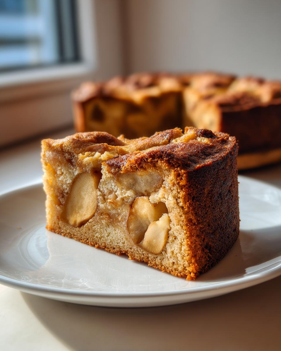 A close-up slice of moist jewish apple cake with large apple chunks, sitting on a white plate.