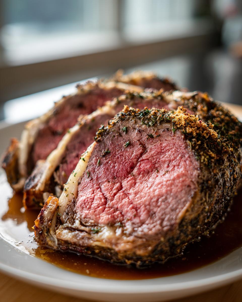 Close-up of perfectly cooked, medium-rare prime rib recipe slices resting in au jus on a white plate.