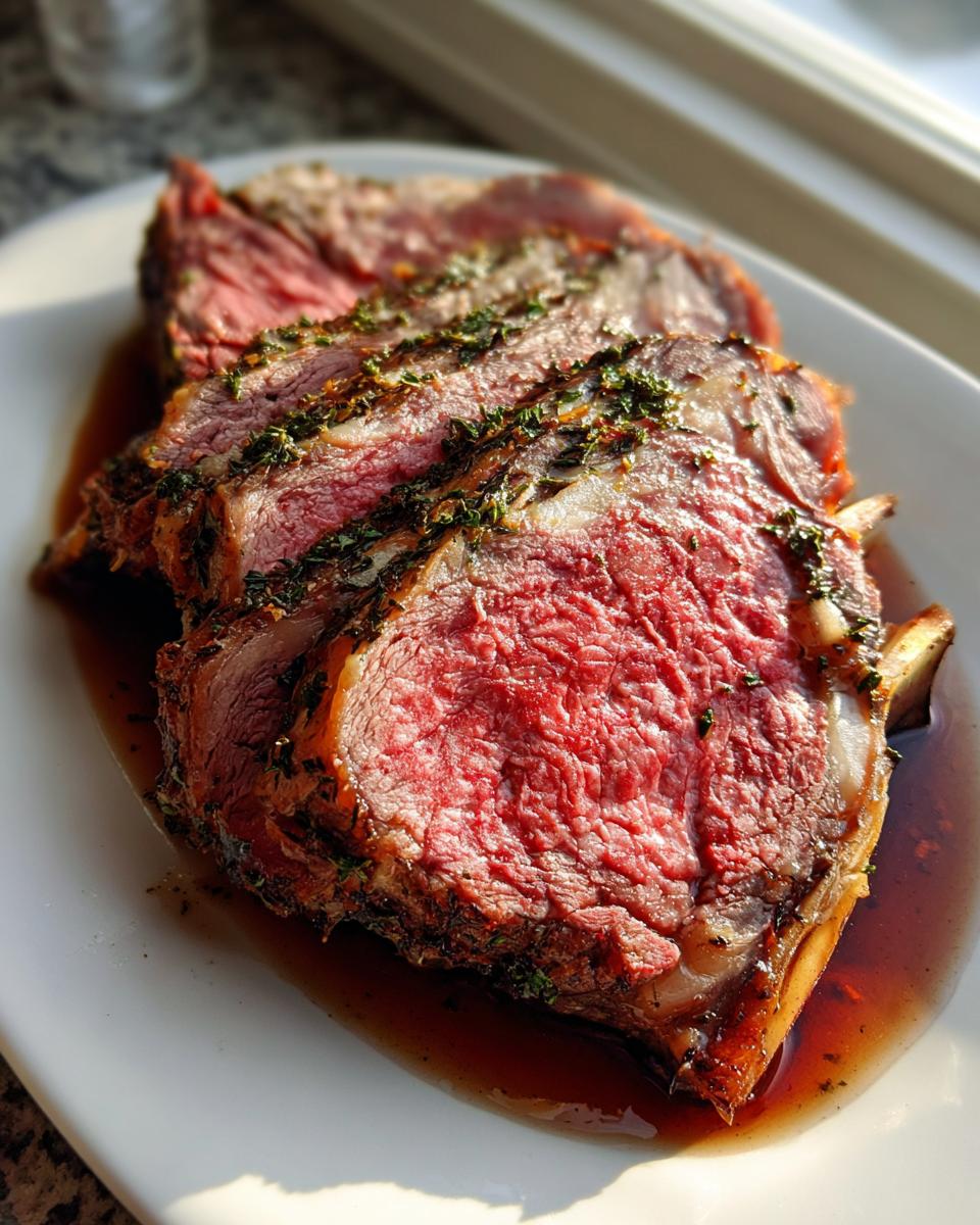 Close-up of perfectly cooked, medium-rare prime rib recipe slices on a white plate with au jus.