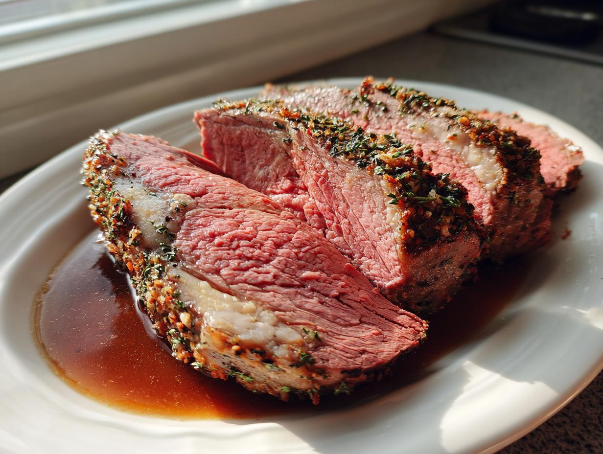 Slices of perfectly cooked, medium-rare prime rib recipe resting in au jus on a white plate.