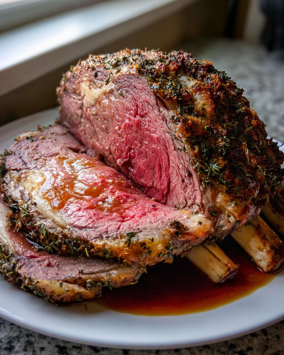 Close-up of a perfectly cooked prime rib recipe roast, sliced to show medium-rare interior and herb crust.