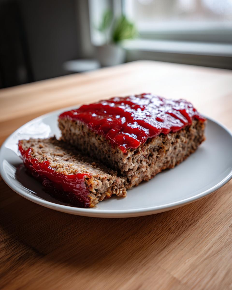 A thick slice of juicy meatloaf topped with a vibrant red glaze, served on a white plate.
