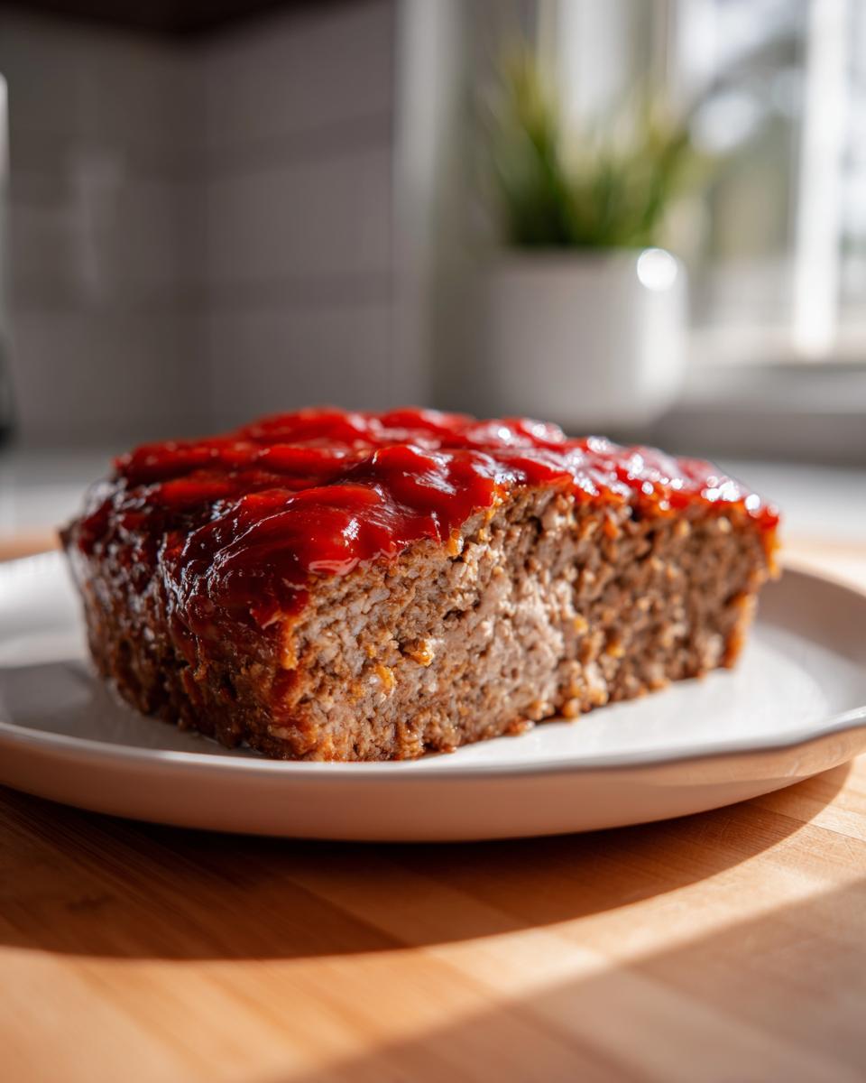 A thick slice of juicy meatloaf topped with a shiny, bright red glaze, served on a white plate.
