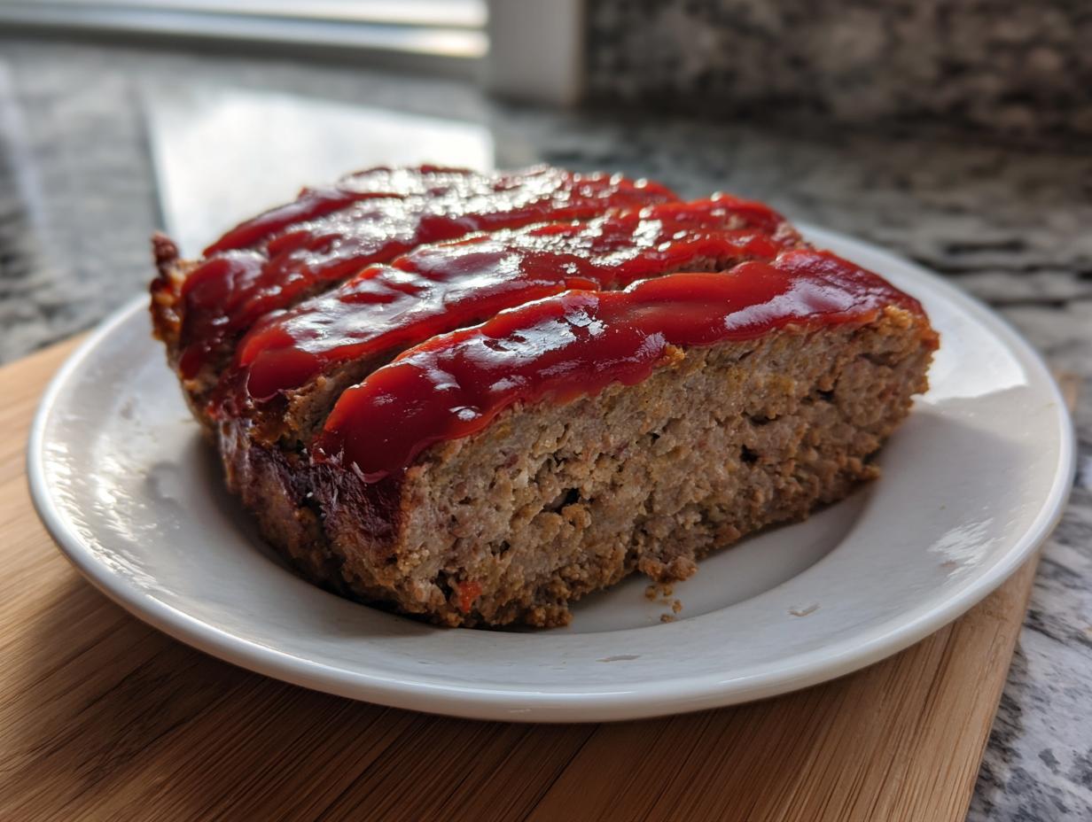 A thick slice of juicy meatloaf topped with a glossy, bright red glaze, served on a white plate.